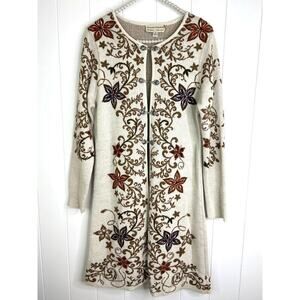 Peruvian Perfection Crean Open Front Metal Decorative Closure Duster Cardigan